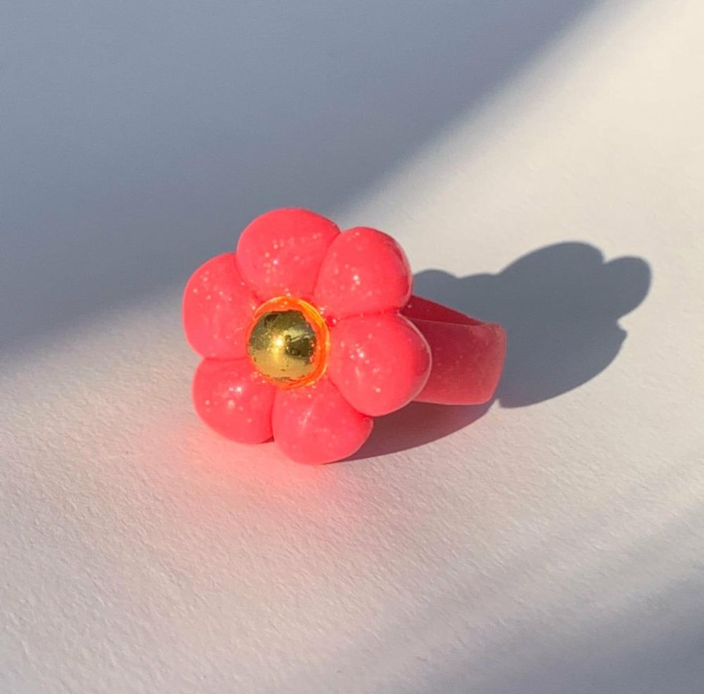 Clay Rings | Flower Stud Ring – Glitter Pink Clay Rings Clay Rings