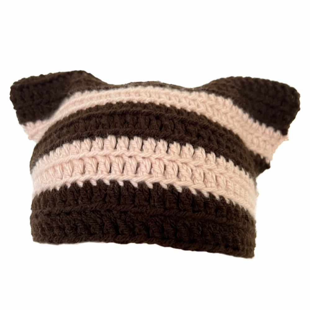 Hats | Brown and Light Pink Cat Hat Crochet Items Hats