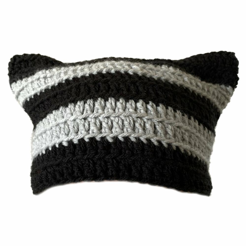 Hats | Grey and Black Cat Hat Crochet Items Hats