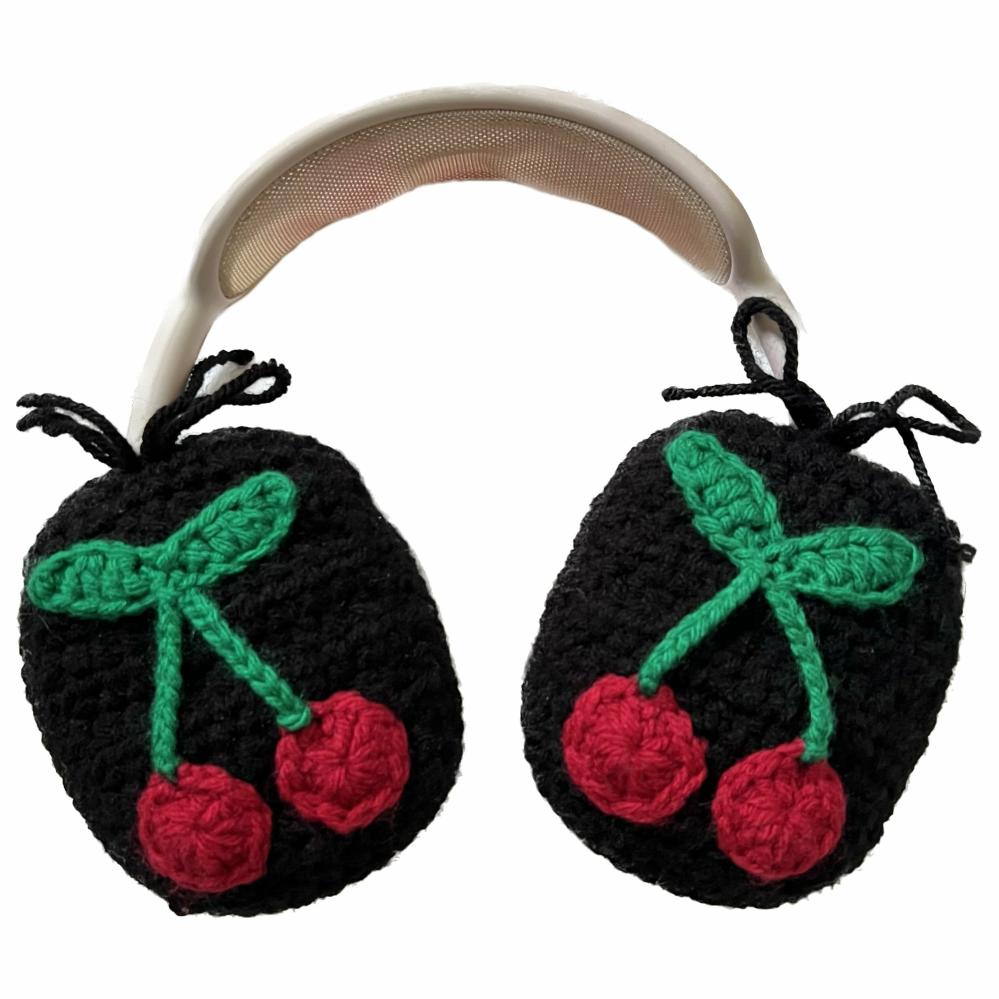 Headphone Covers | Black Crochet Cherry Headphone Cover Crochet Items Headphone Covers