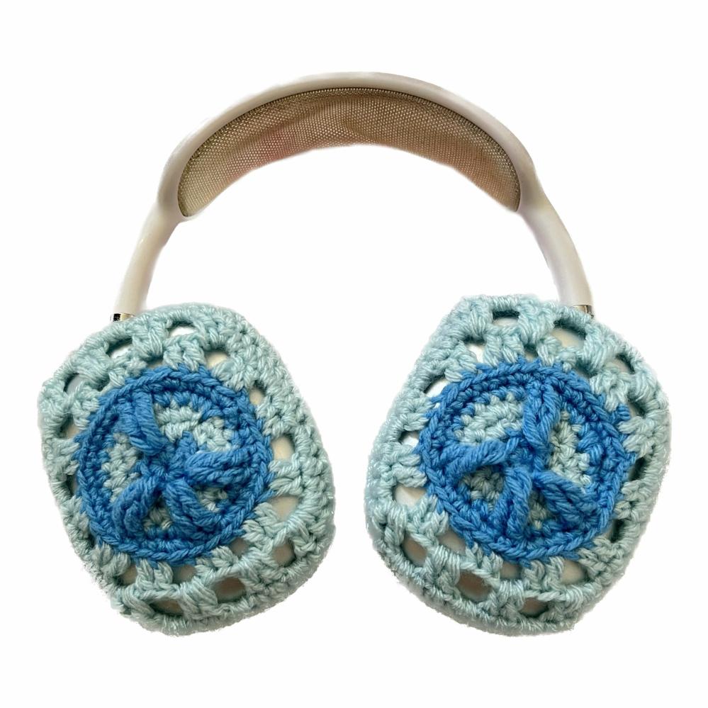 Headphone Covers | Blue Crochet Peace Sign Headphone Cover Crochet Items Headphone Covers