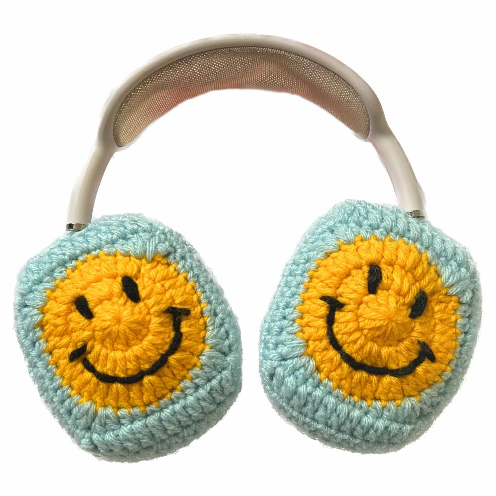 Headphone Covers | Blue Crochet Smiley Face Headphone Cover Crochet Items Headphone Covers