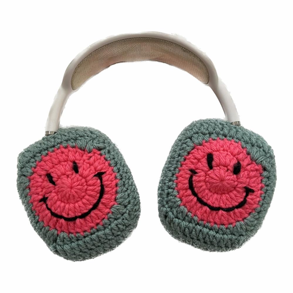 Headphone Covers | Pink and Green Crochet Smiley Face Headphone Cover Crochet Items Headphone Covers