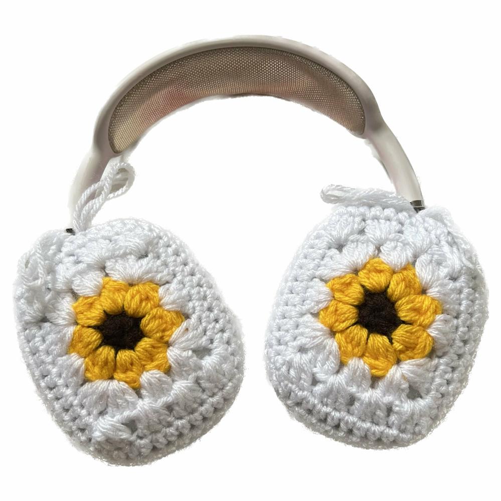 Headphone Covers | White Crochet Sunflower Headphone Cover Crochet Items Hats